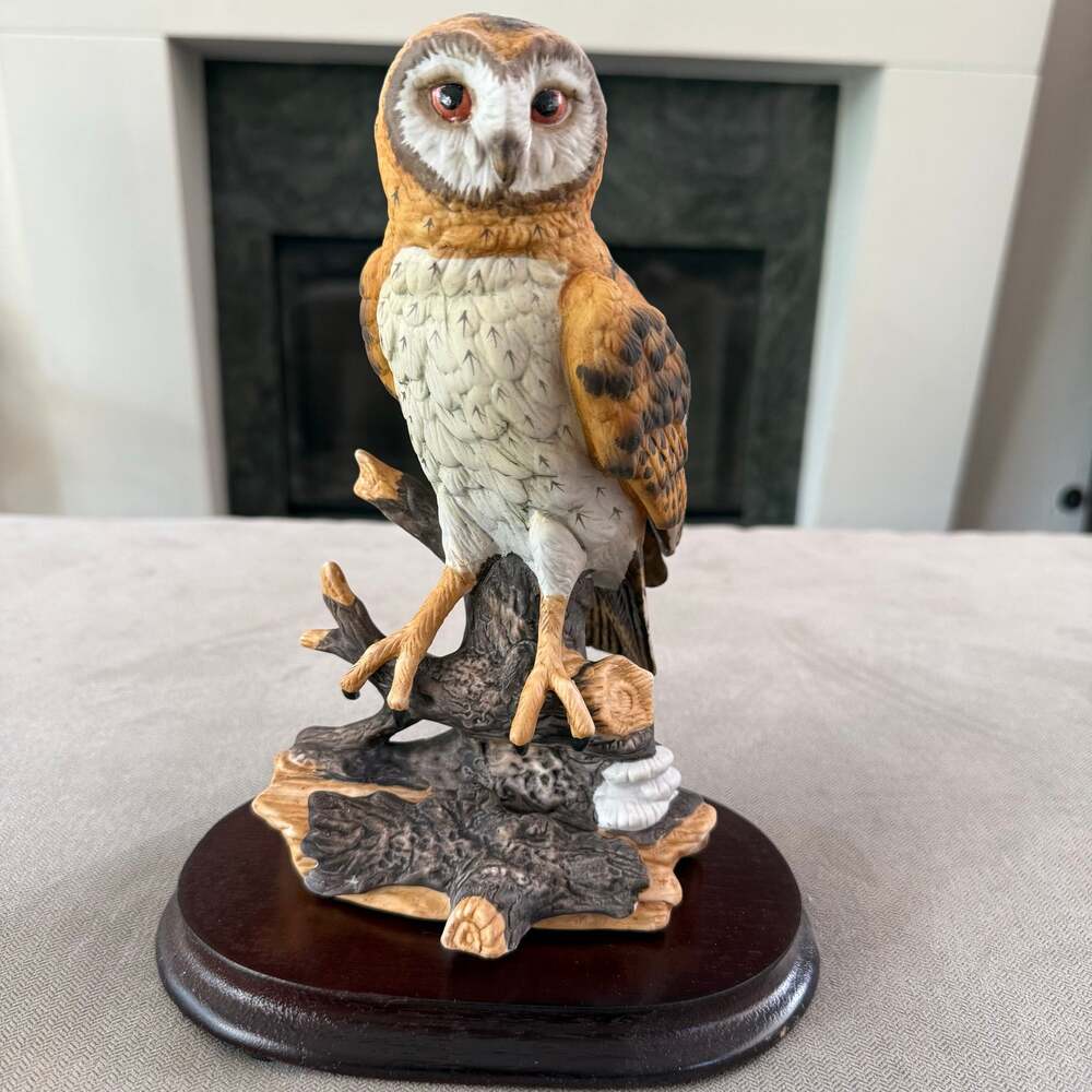 Realistic Barn Owl Figurine on Wood Display Base 10" Tall Wildlife Bird Decor